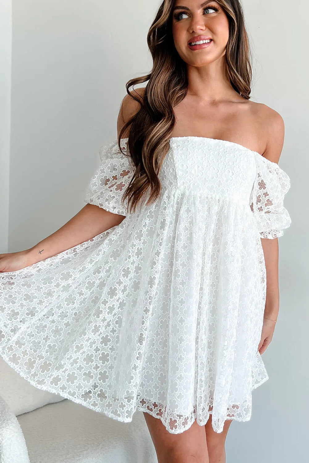 White Lace Empire Mini Dress-2