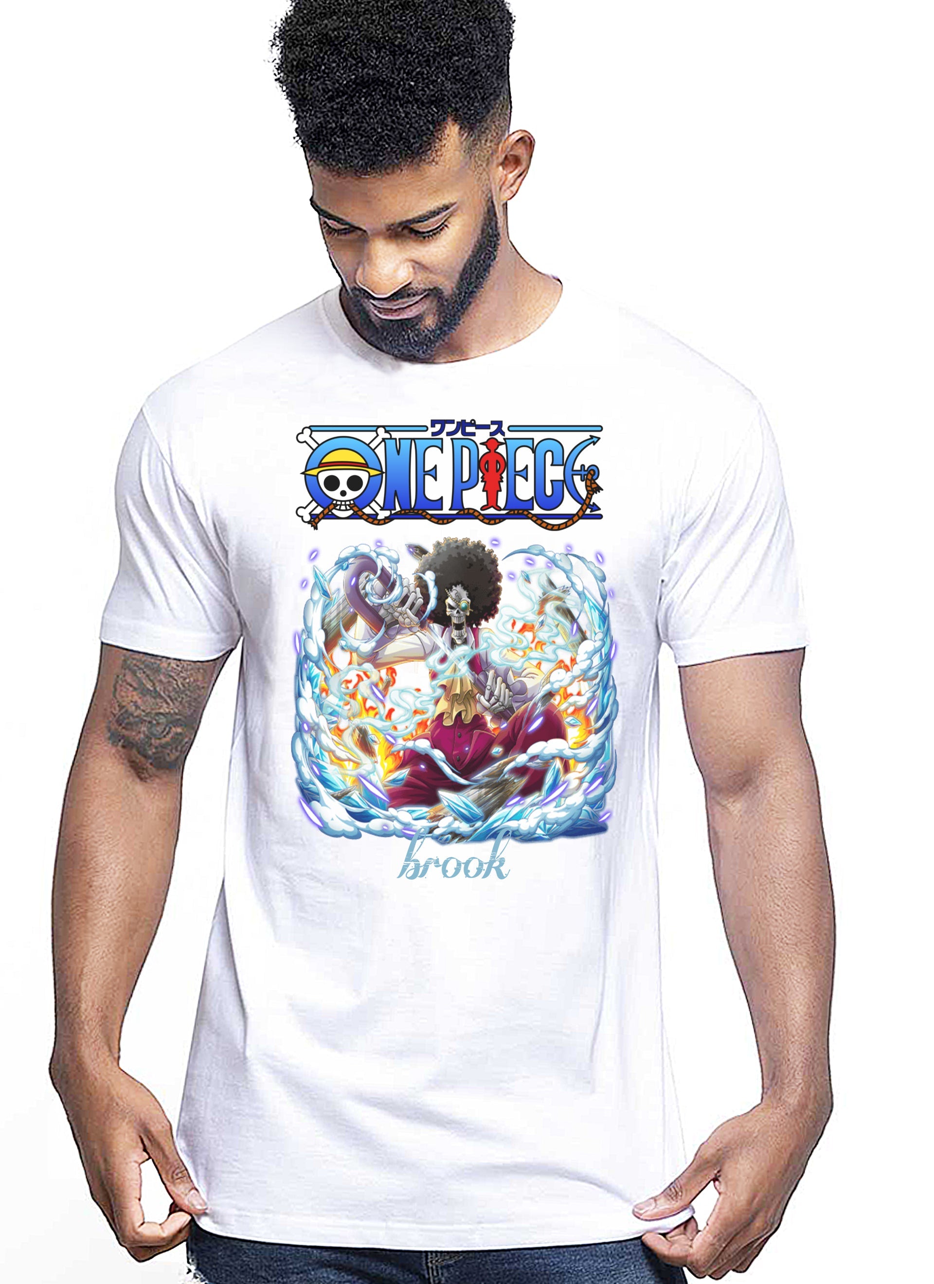 Of One Piece Brook Manga Anime Fumetti 6018-53 T-shirt Urban Men Uomo 100% Cotone Pettinato JK-0