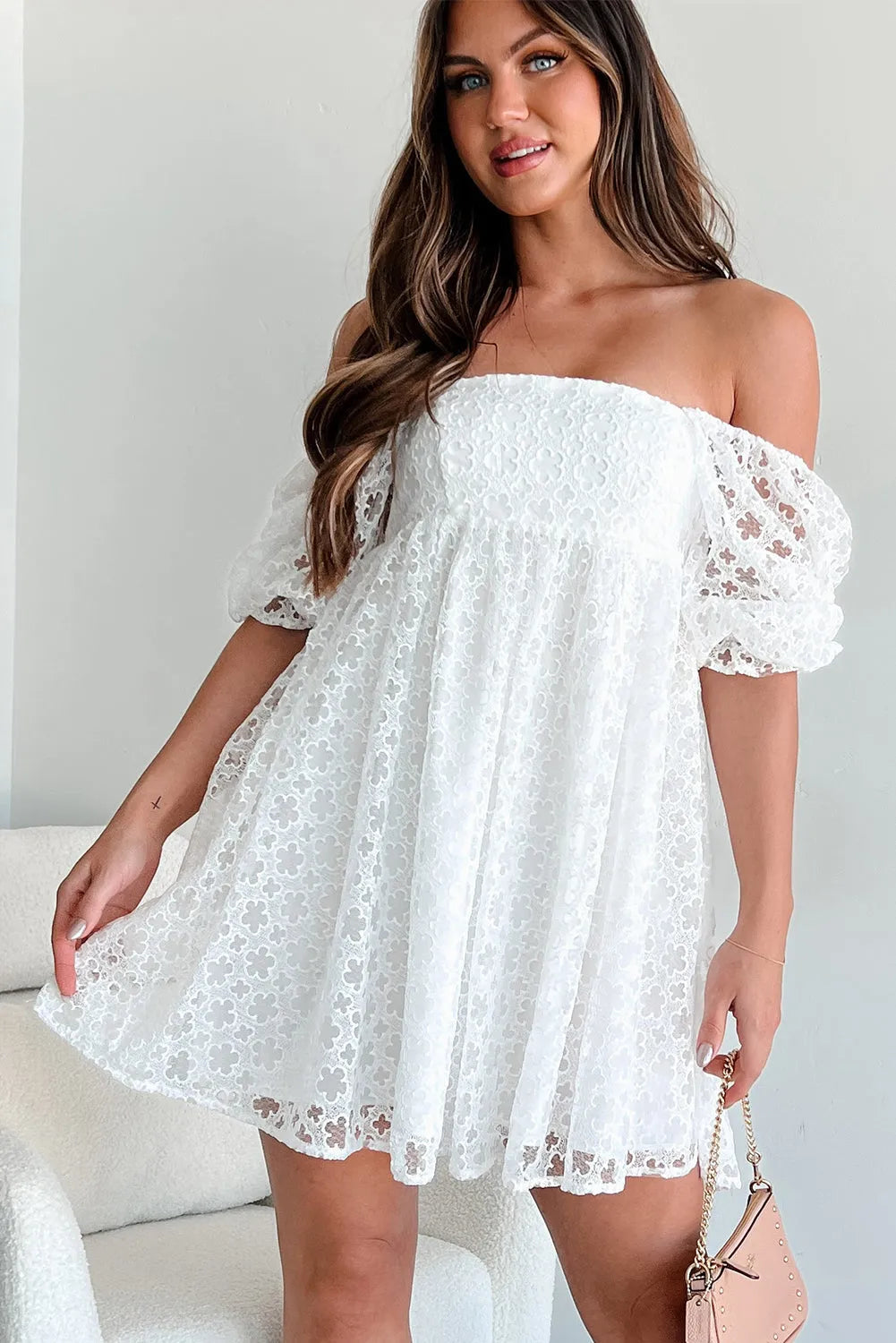 White Lace Empire Mini Dress-4