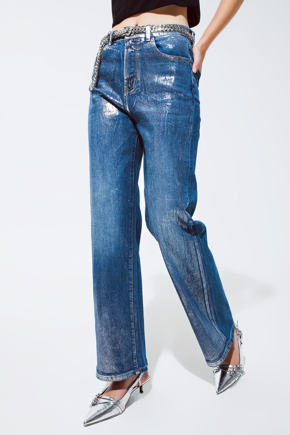 Straight Leg Jeans With Silver Metallic Finish-4