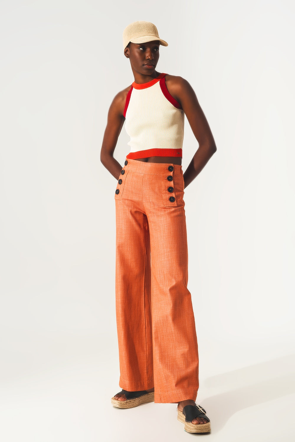 Marine Button Up Wide Leg Pants in Orange-2