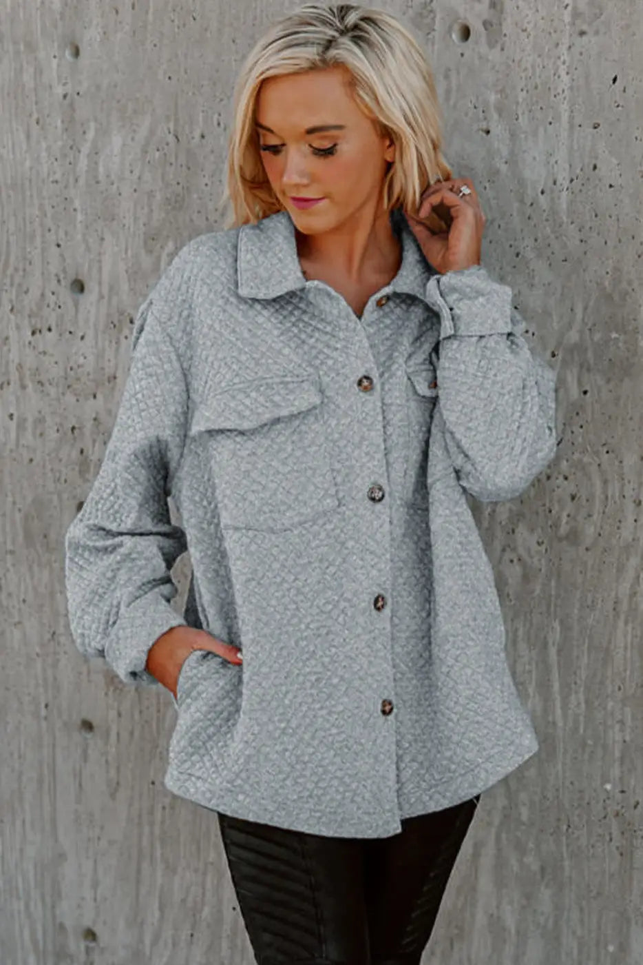 Gray Lattice Texture Retro Flap Pocket Button Shacket-3