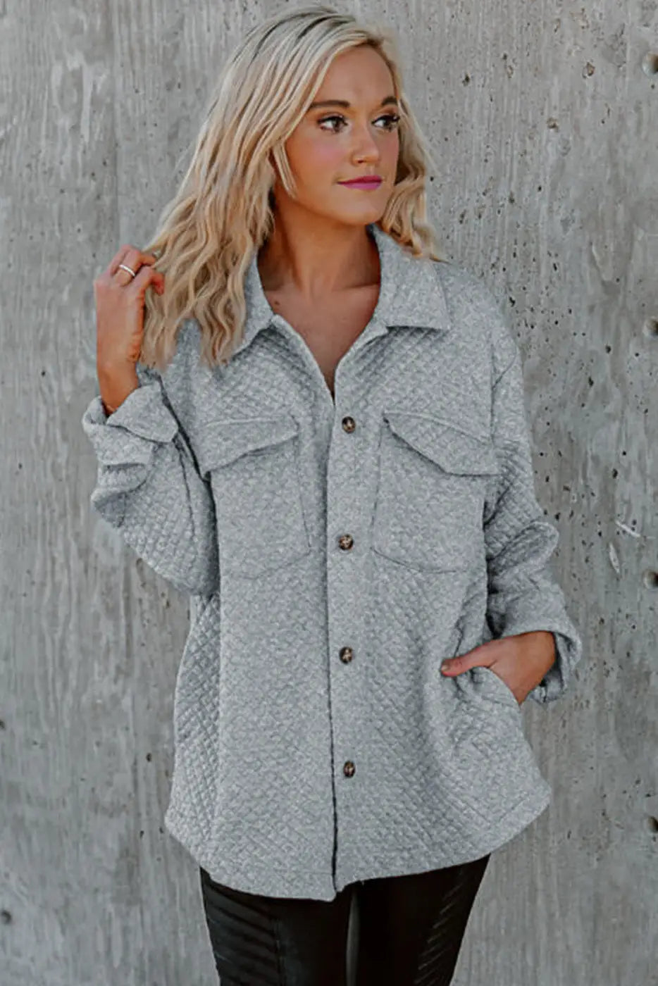 Gray Lattice Texture Retro Flap Pocket Button Shacket-4