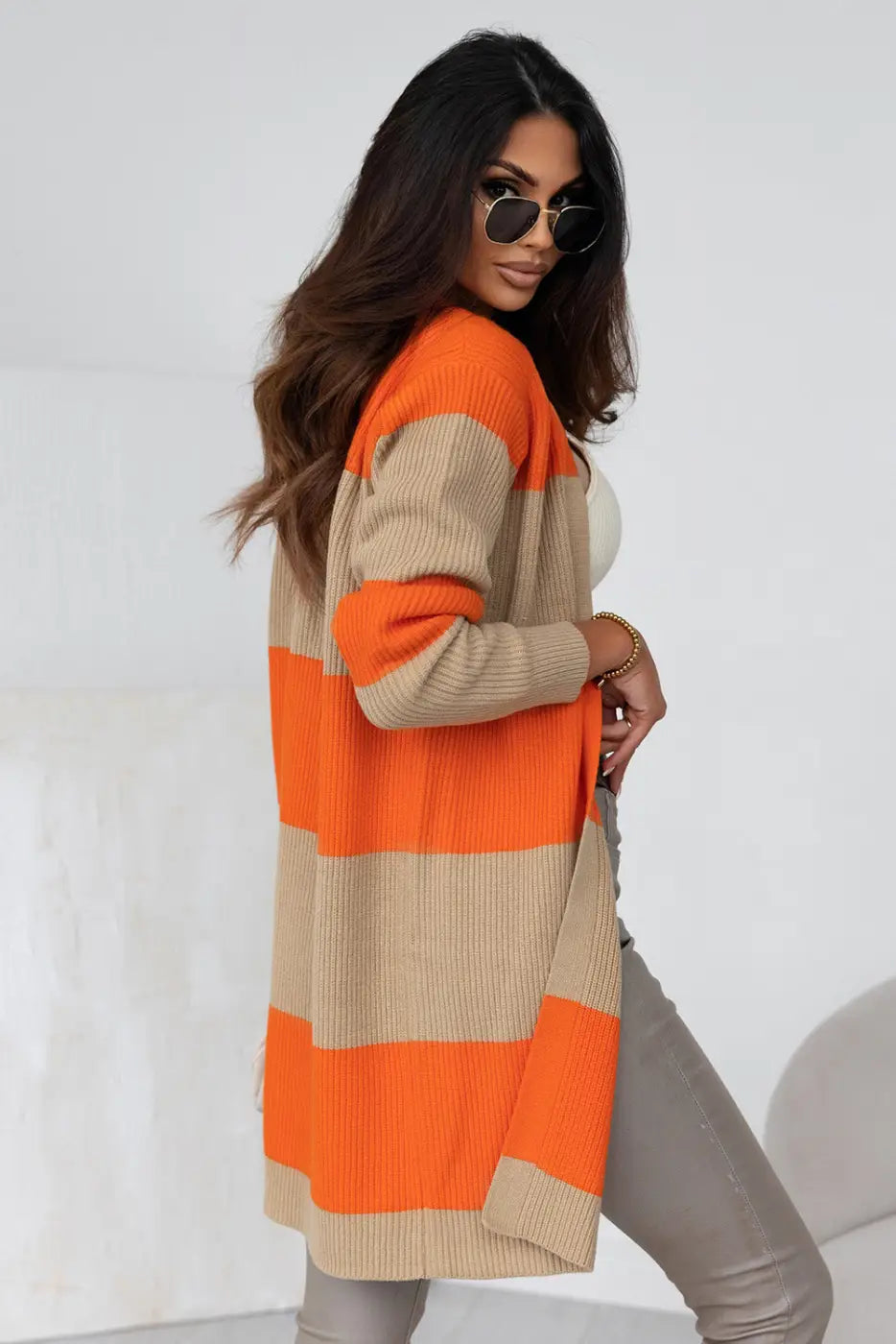 Orange Colorblock Ribbed Knit Cardigan-1