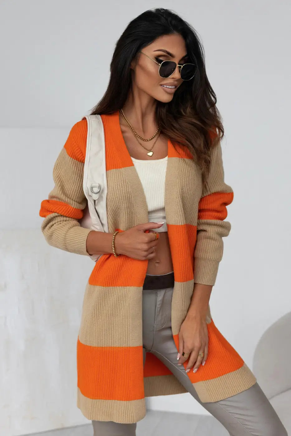 Orange Colorblock Ribbed Knit Cardigan-0