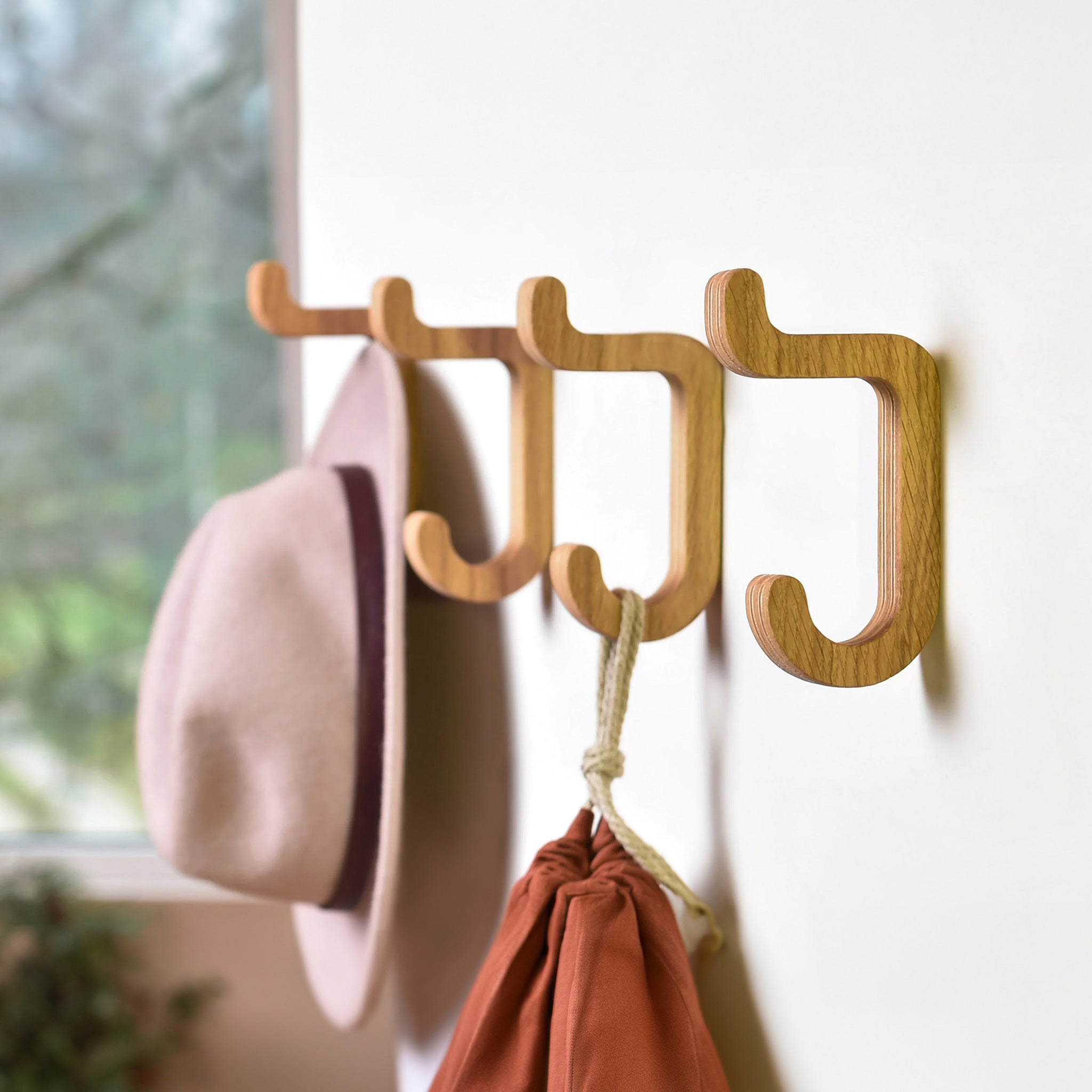 Set of 2 Wooden Wall Hooks, Oak-0