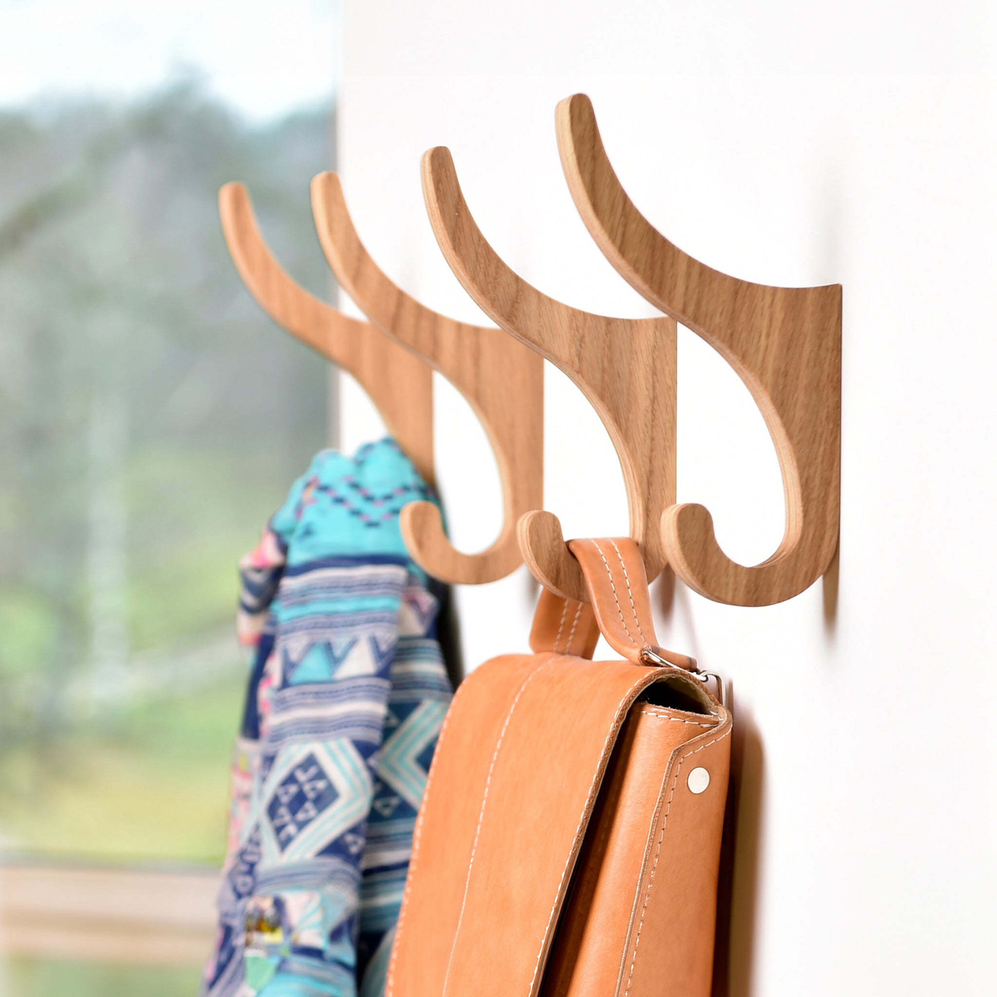 Set of 2 Wooden Wall Hooks for Storage Organization, Oak-0