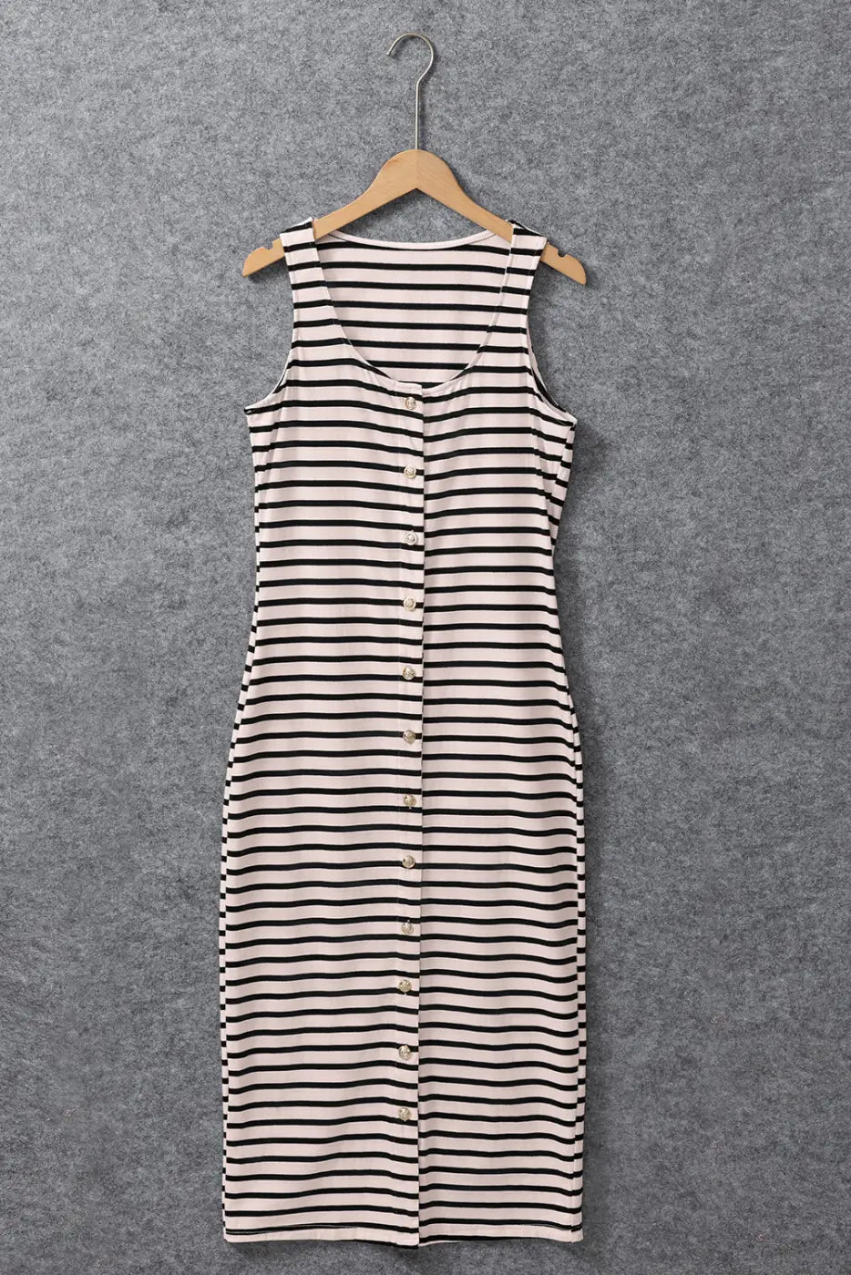 Slim Maxi Dress - White Striped Sleeveless Buttoned-4