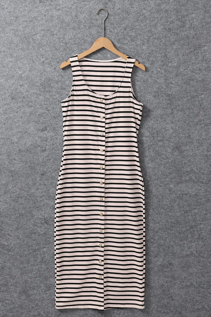Slim Maxi Dress - White Striped Sleeveless Buttoned-4