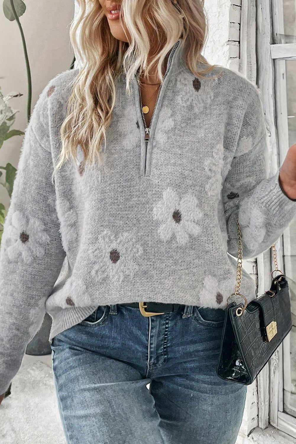 CozyBloom Plus Size Floral Half-Zip Sweater-0