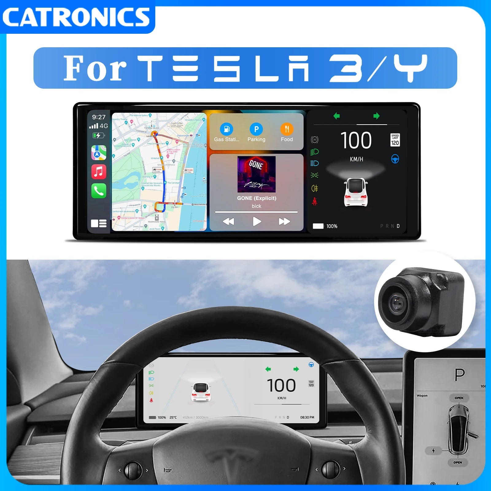 CATRONICS-lisänäyttö Tesla Model 3 Y 2017-2024 9-tuumainen