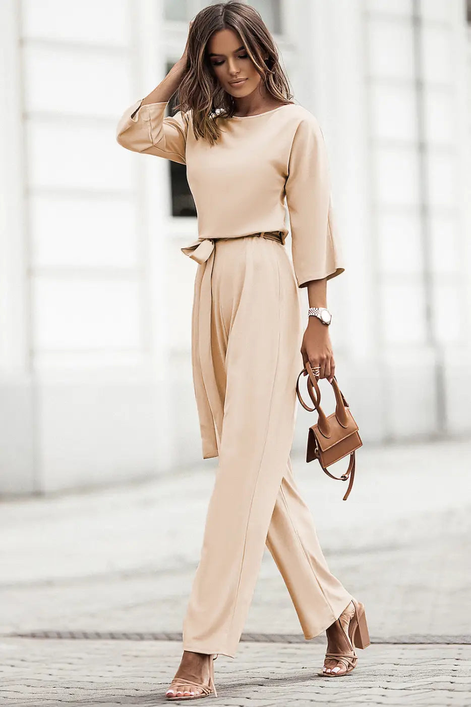 Apricot  Wide Leg Jumpsuit - Waist Tie-0