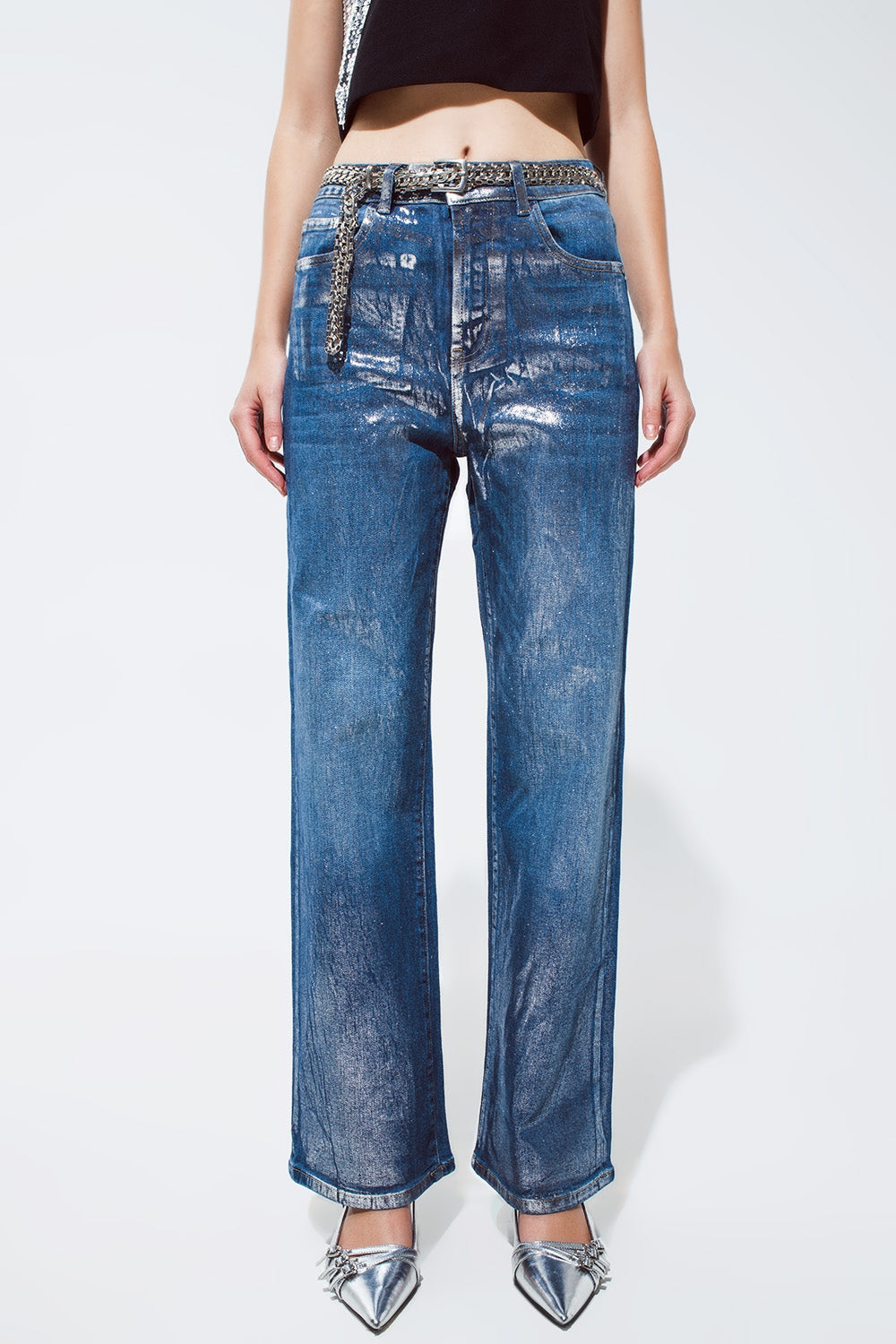 Straight Leg Jeans With Silver Metallic Finish-1