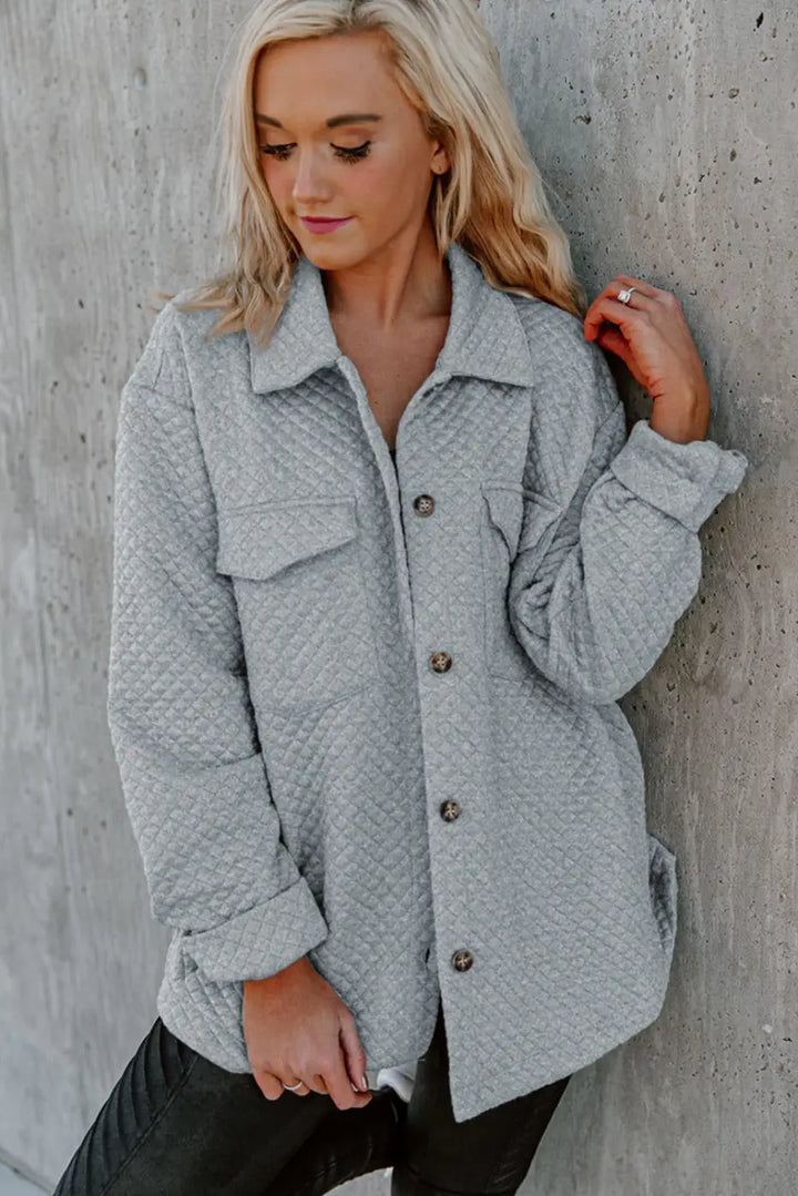 Gray Lattice Texture Retro Flap Pocket Button Shacket-2
