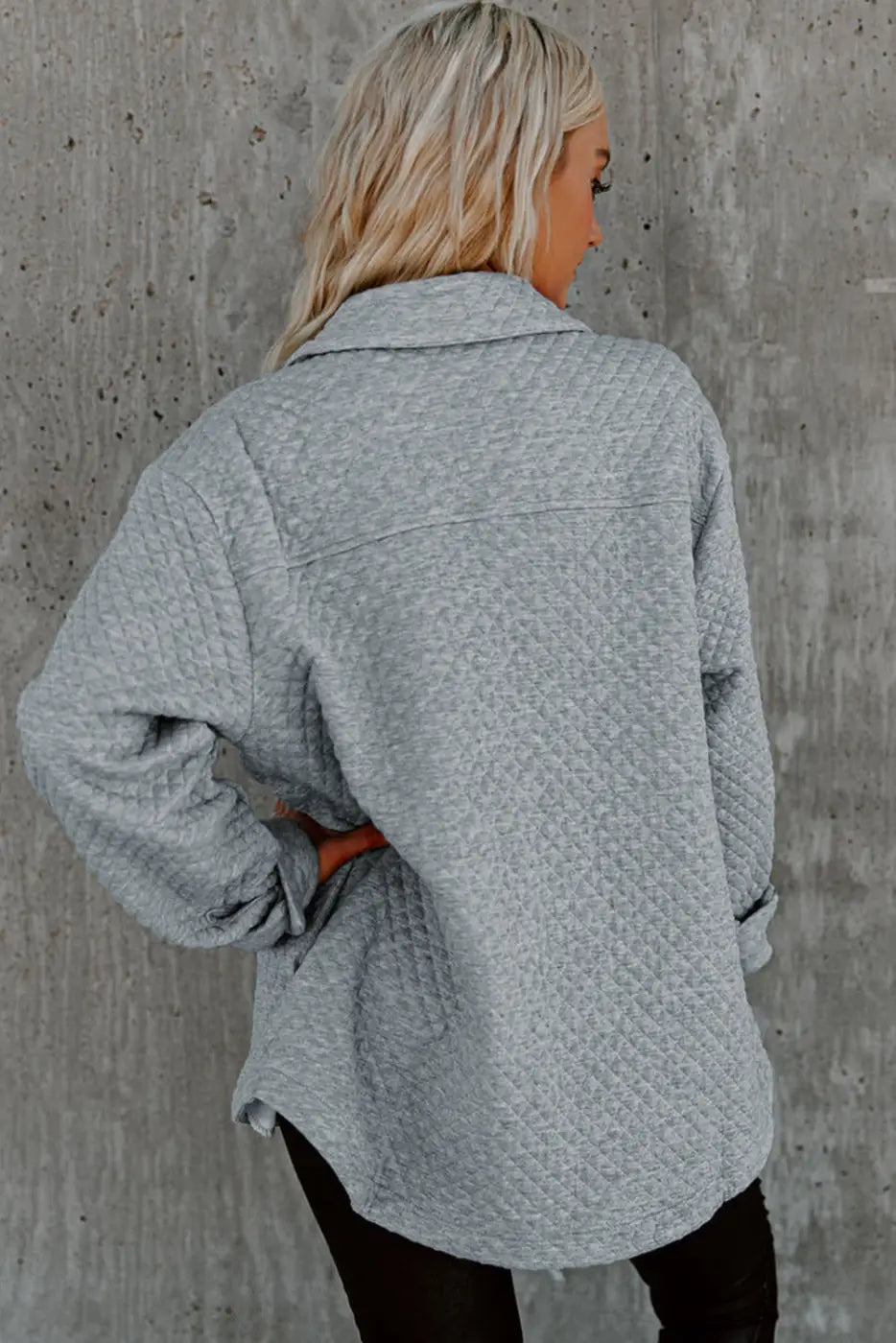 Gray Lattice Texture Retro Flap Pocket Button Shacket-1