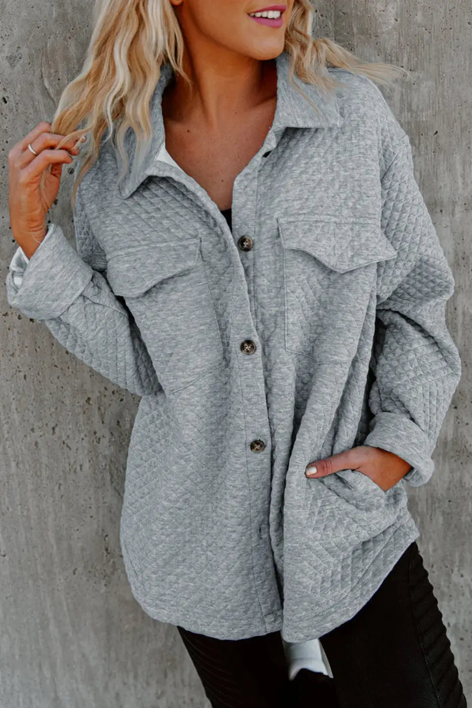 Gray Lattice Texture Retro Flap Pocket Button Shacket-0
