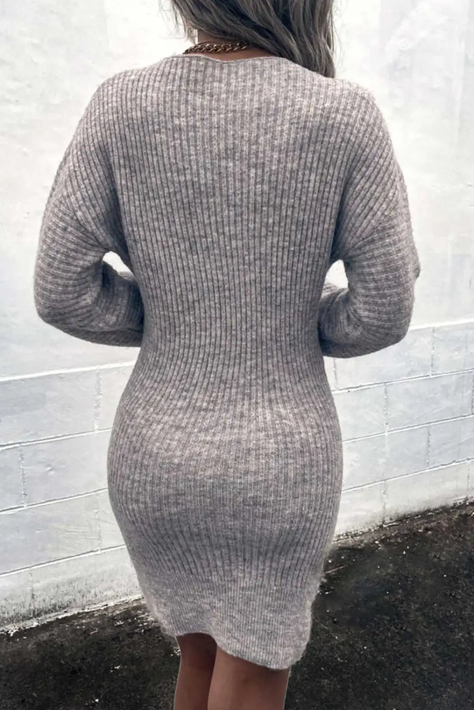 Gray V Neck Bodycon Sweater Dress-1
