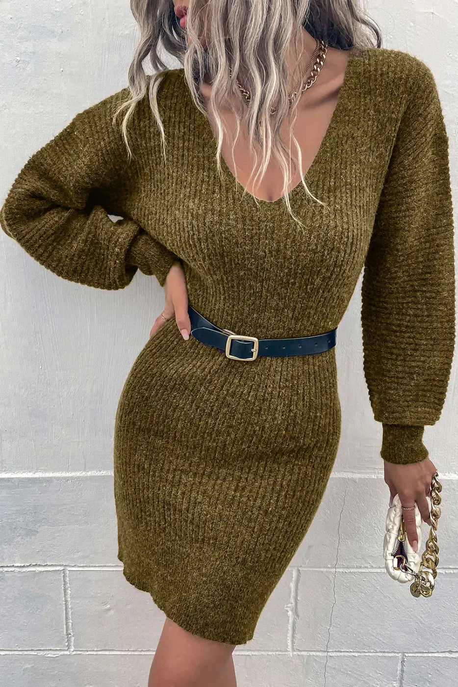 Gray V Neck Bodycon Sweater Dress-5