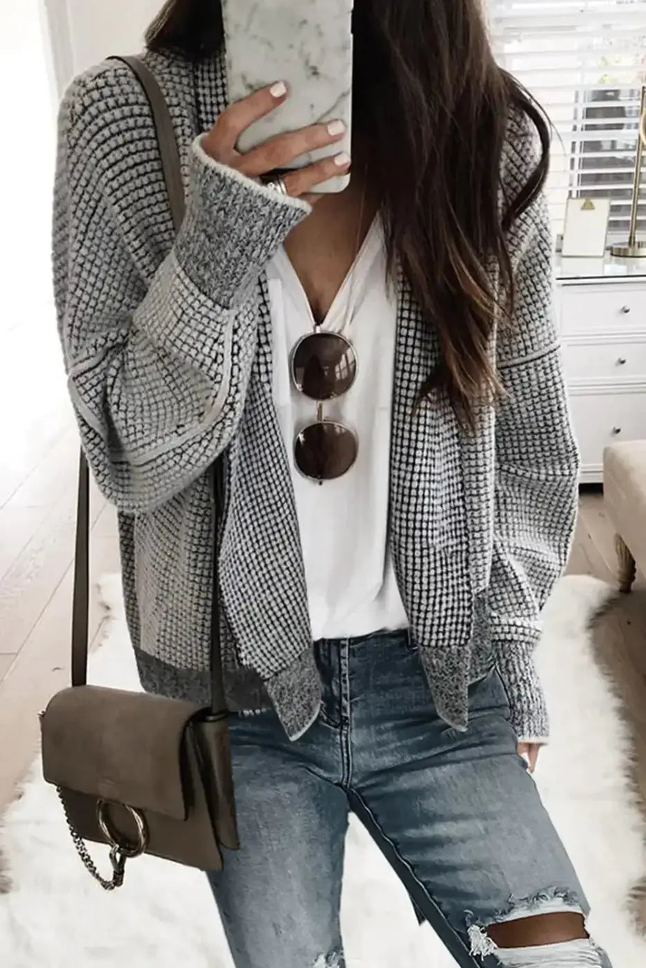 Grey Plaid Contrast Trim Open Front Cardigan-0