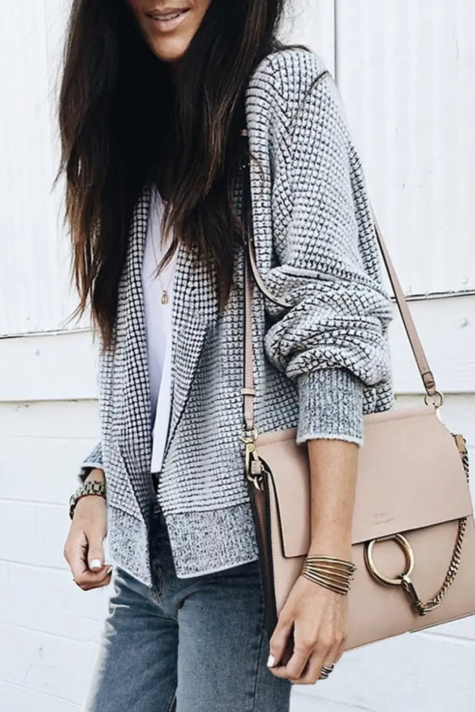 Grey Plaid Contrast Trim Open Front Cardigan-2