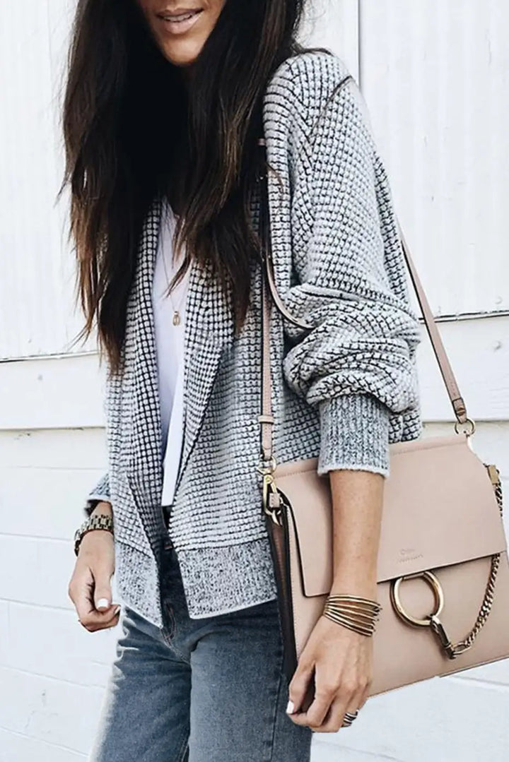 Grey Plaid Contrast Trim Open Front Cardigan-2