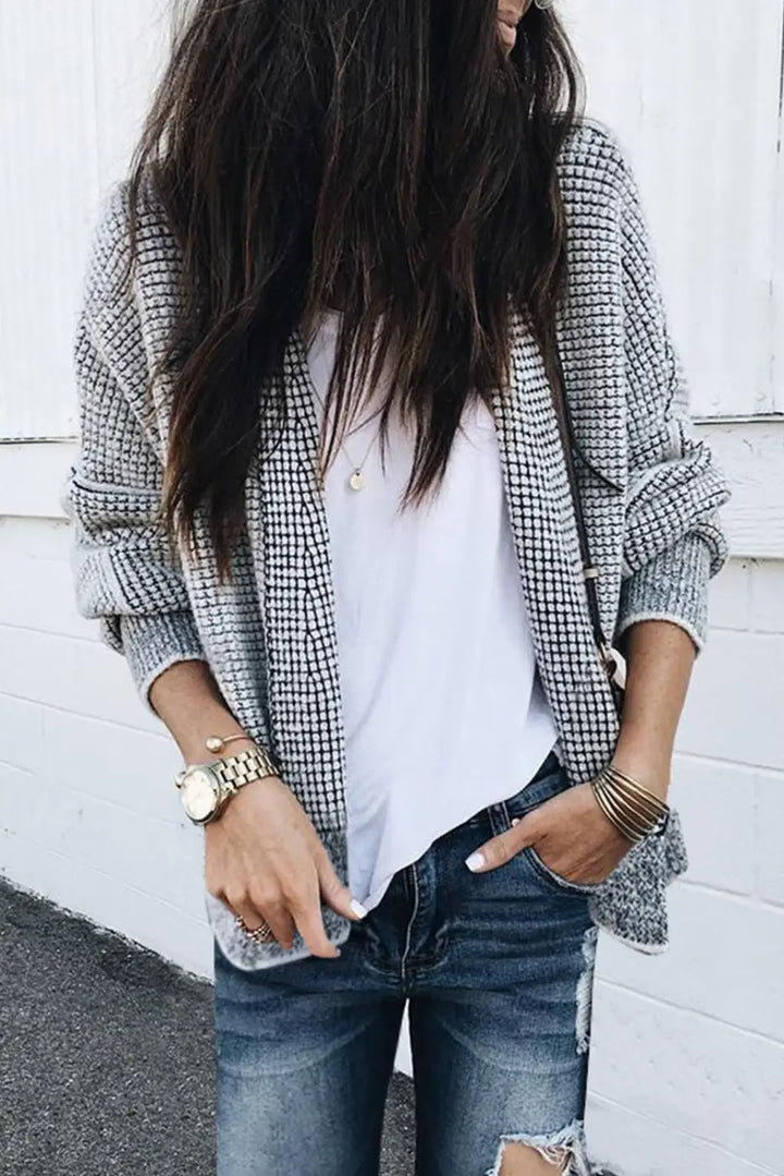 Grey Plaid Contrast Trim Open Front Cardigan-3