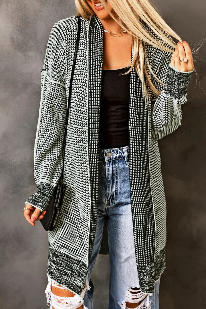 Grey Plaid Contrast Trim Open Front Cardigan-5