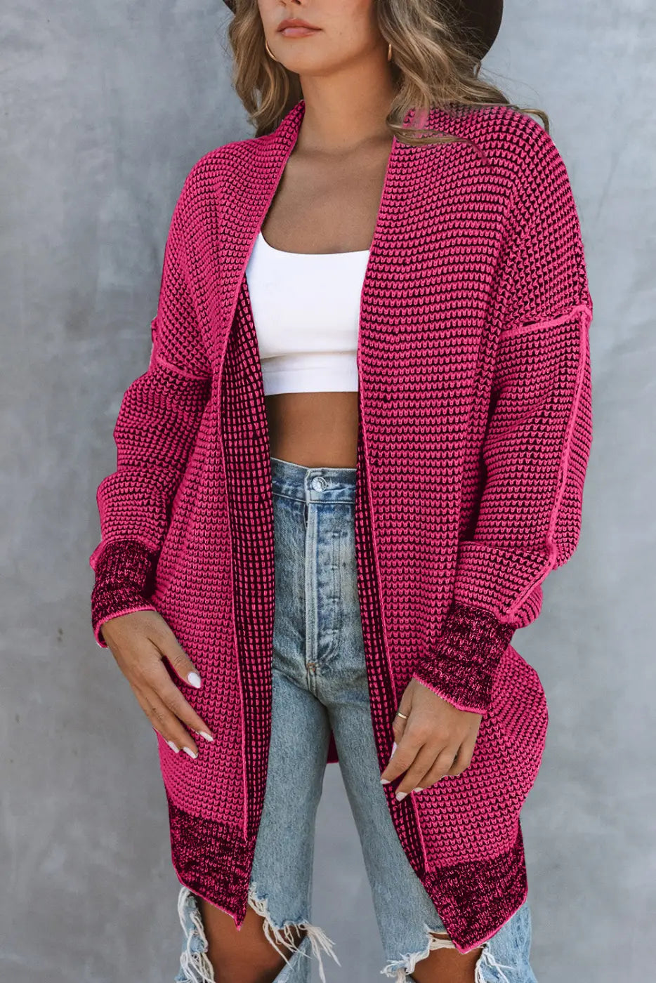 Grey Plaid Contrast Trim Open Front Cardigan-4