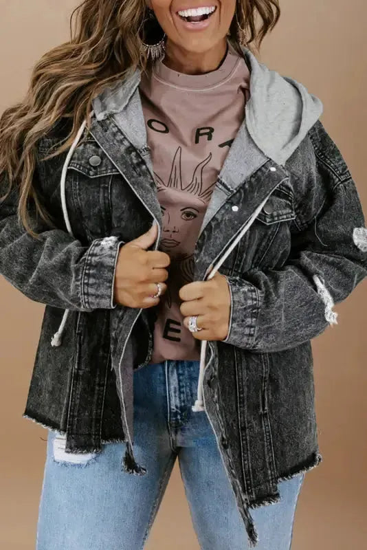 Hooded Frayed Denim Jacket - Black-0