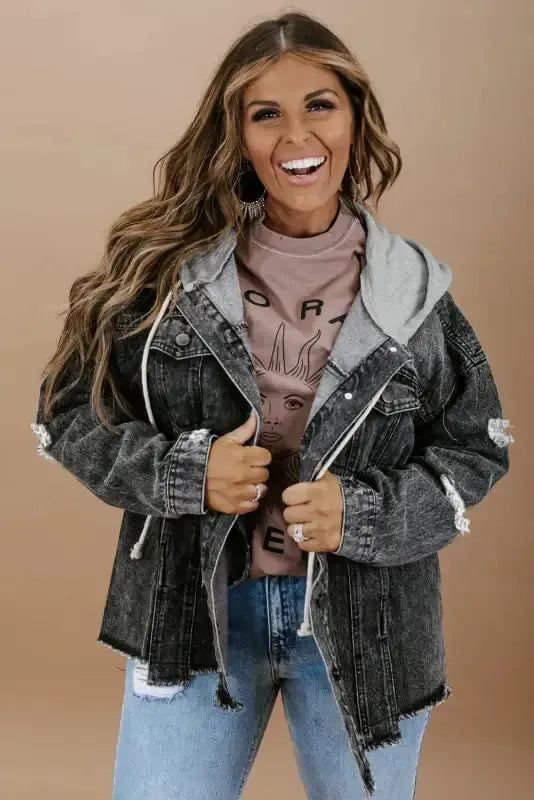 Hooded Frayed Denim Jacket - Black-3