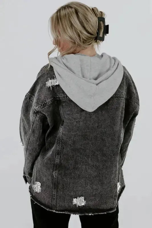 Hooded Frayed Denim Jacket - Black-1