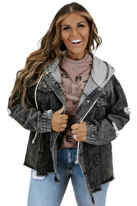 Hooded Frayed Denim Jacket - Black-4