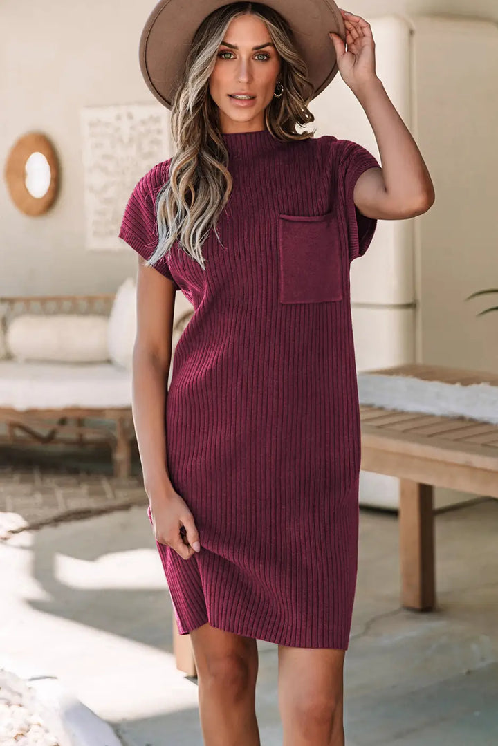 Oatmeal Patch Pocket Ribbed Knit Short Sleeve Sweater Dress-13