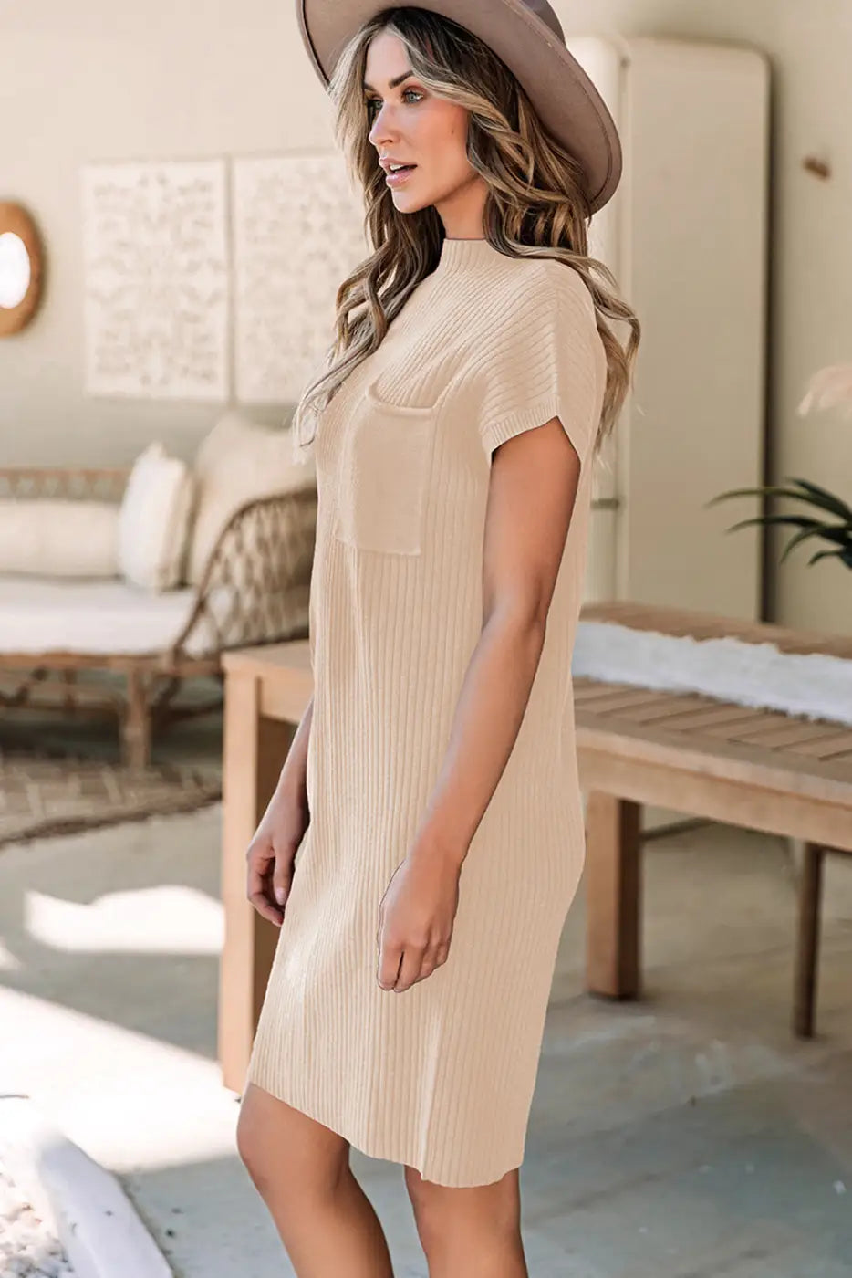 Oatmeal Patch Pocket Ribbed Knit Short Sleeve Sweater Dress-2