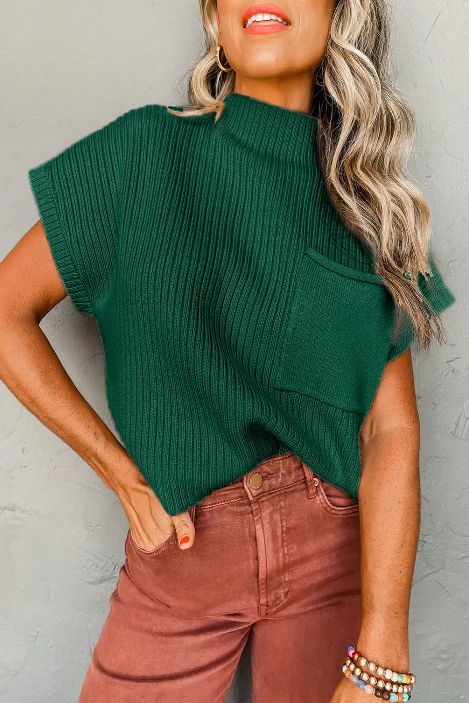 Oatmeal Patch Pocket Ribbed Knit Short Sleeve Sweater Dress-8