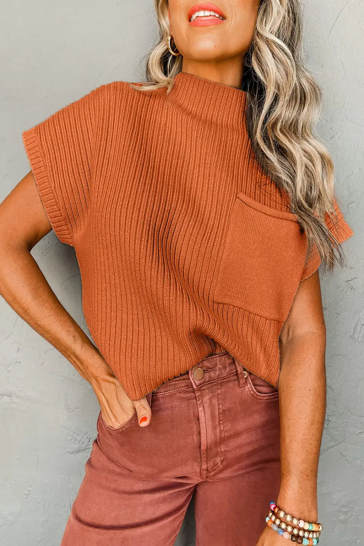 Oatmeal Patch Pocket Ribbed Knit Short Sleeve Sweater Dress-7