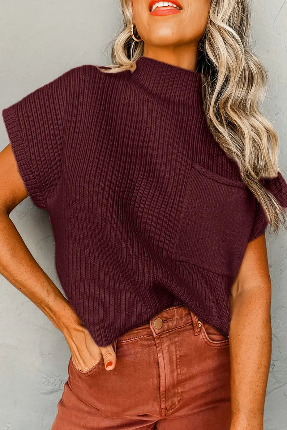 Oatmeal Patch Pocket Ribbed Knit Short Sleeve Sweater Dress-9