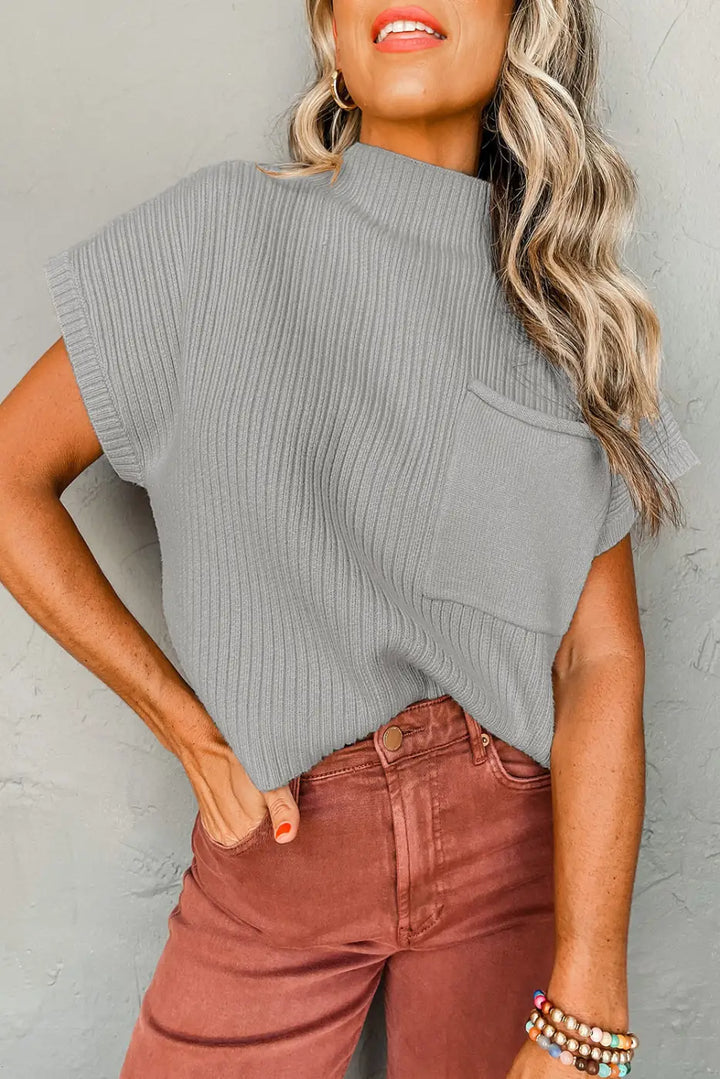 Oatmeal Patch Pocket Ribbed Knit Short Sleeve Sweater Dress-12