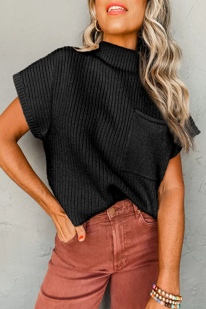 Oatmeal Patch Pocket Ribbed Knit Short Sleeve Sweater Dress-5