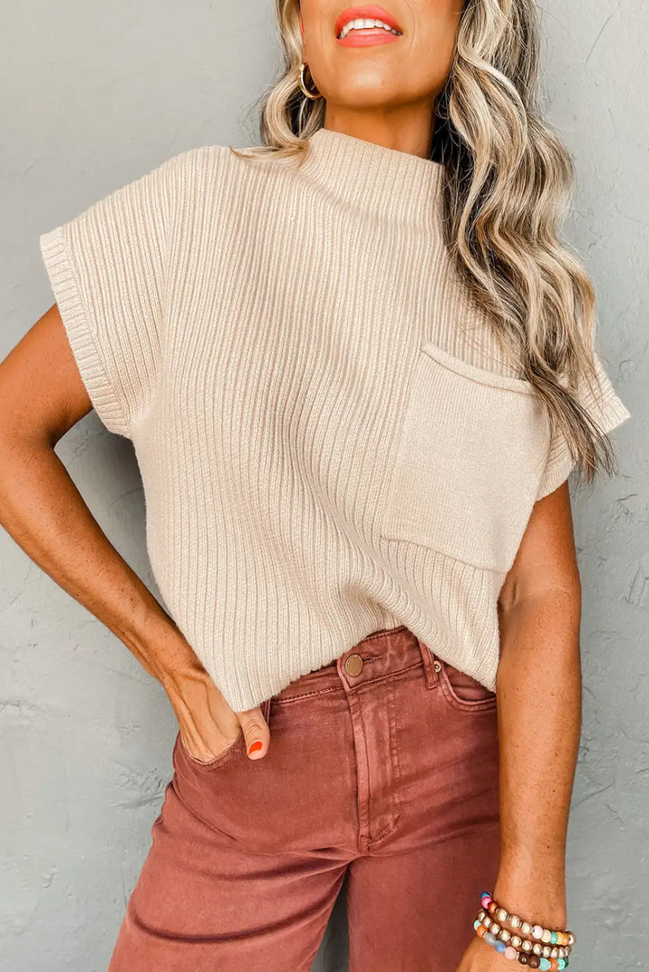 Oatmeal Patch Pocket Ribbed Knit Short Sleeve Sweater Dress-6