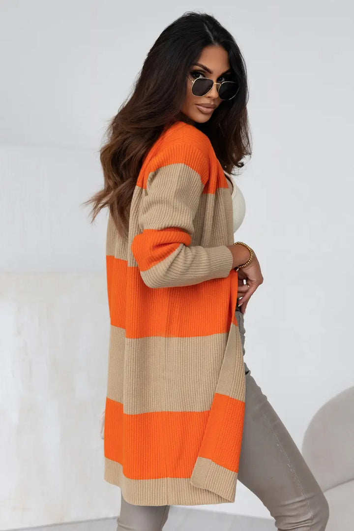 Orange Colorblock Ribbed Knit Cardigan-1