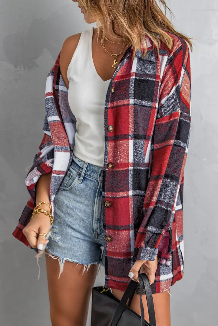 Red Plaid Buttoned Shirt Jacket-2