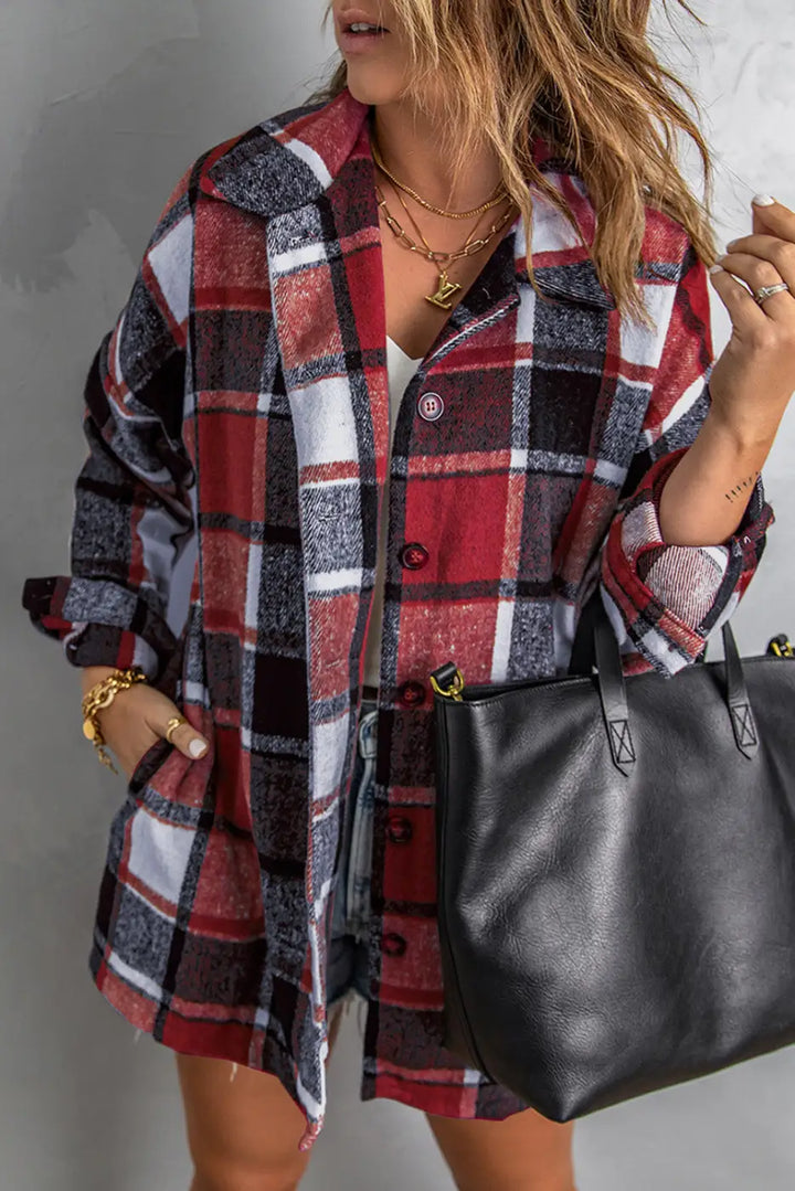 Red Plaid Buttoned Shirt Jacket-3