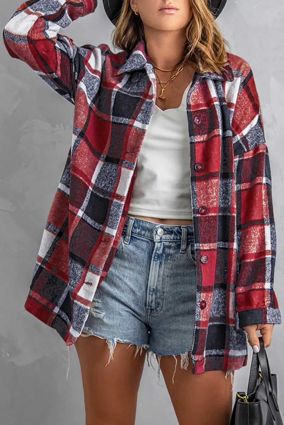 Red Plaid Buttoned Shirt Jacket-0