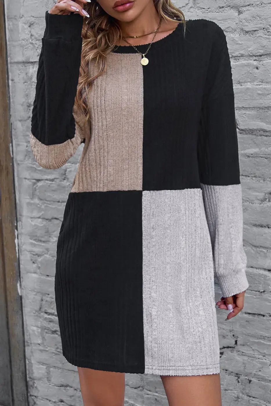 Ribbed Color Block Mini Dress-3