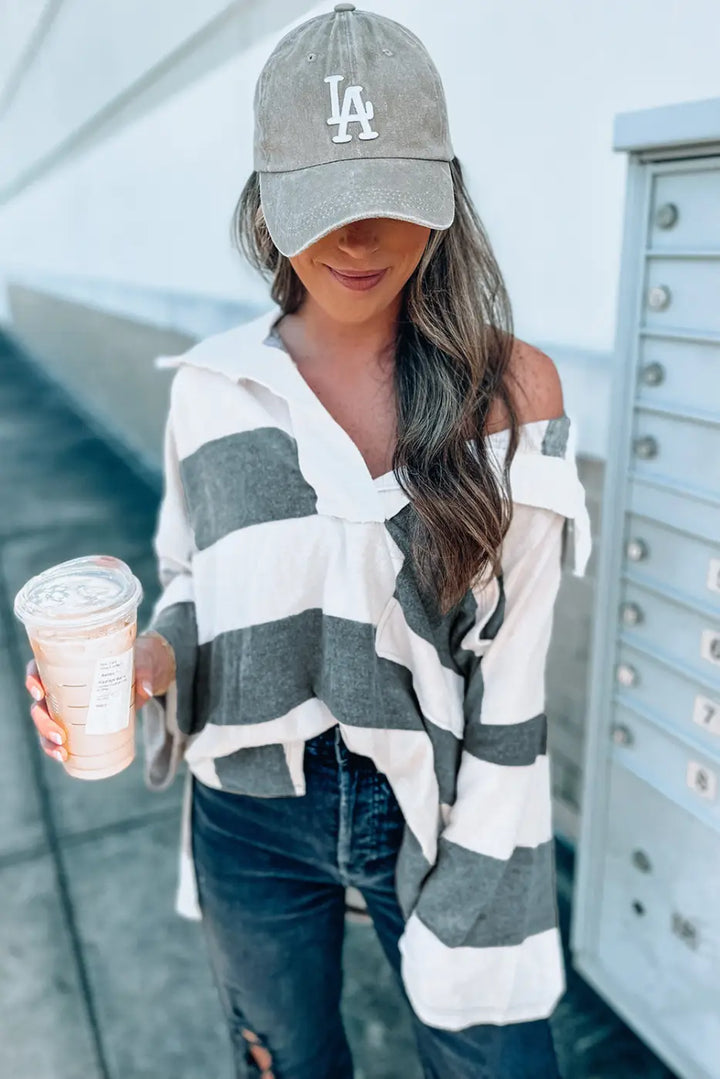 Stripe Oversized Collared Long Sleeve Top-2