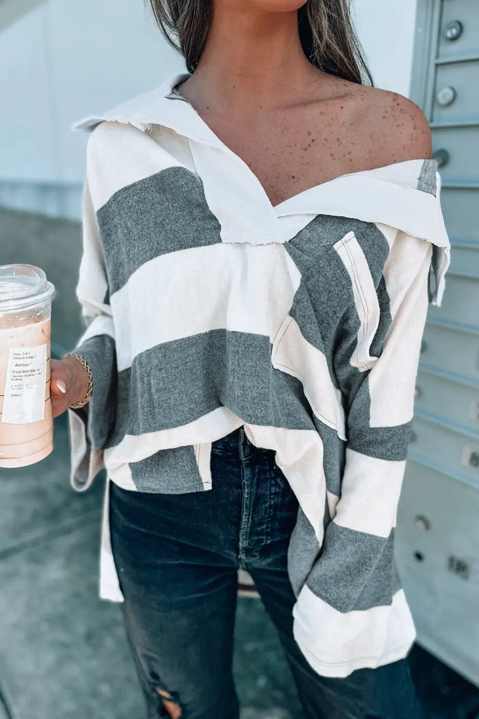 Stripe Oversized Collared Long Sleeve Top-0
