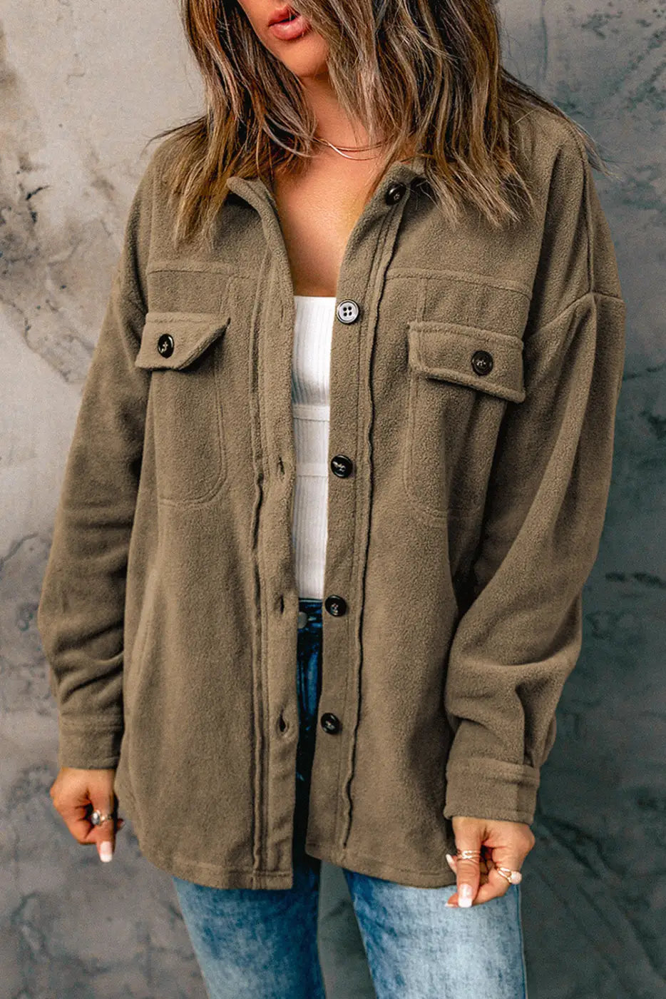 Turn Down Collar Buttoned Shirt Jacket-0