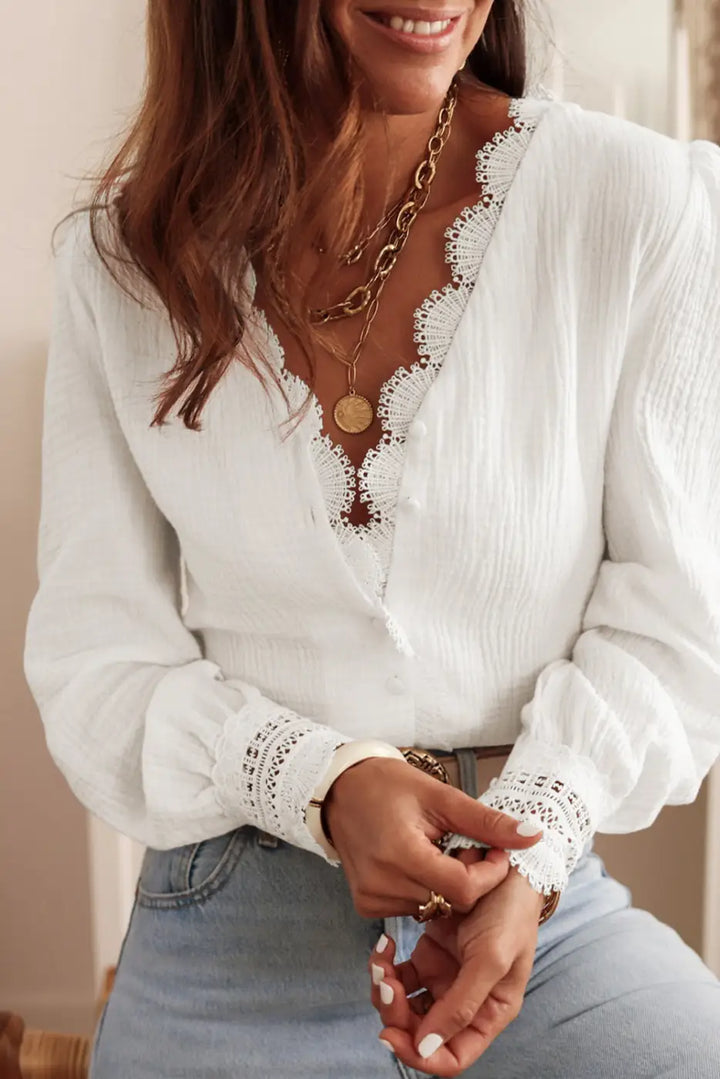 White Lace Crochet Trim Deep V Neck Textured Blouse-2